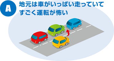 A：地元は車がいっぱい走っていてすごく運転が怖い